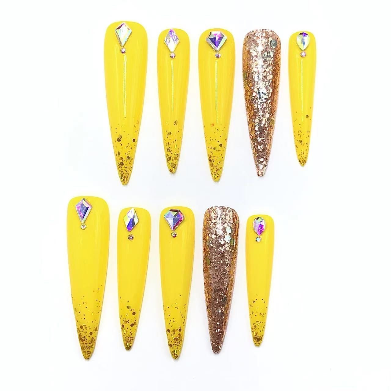 Golden Glitter & Gem Yellow Nails CR14